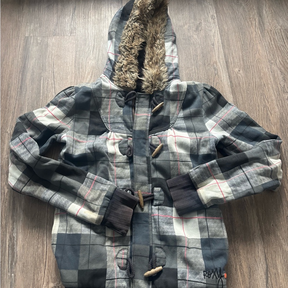 Roxy Plaid Hooded Jacket with Faux Fur Trim
